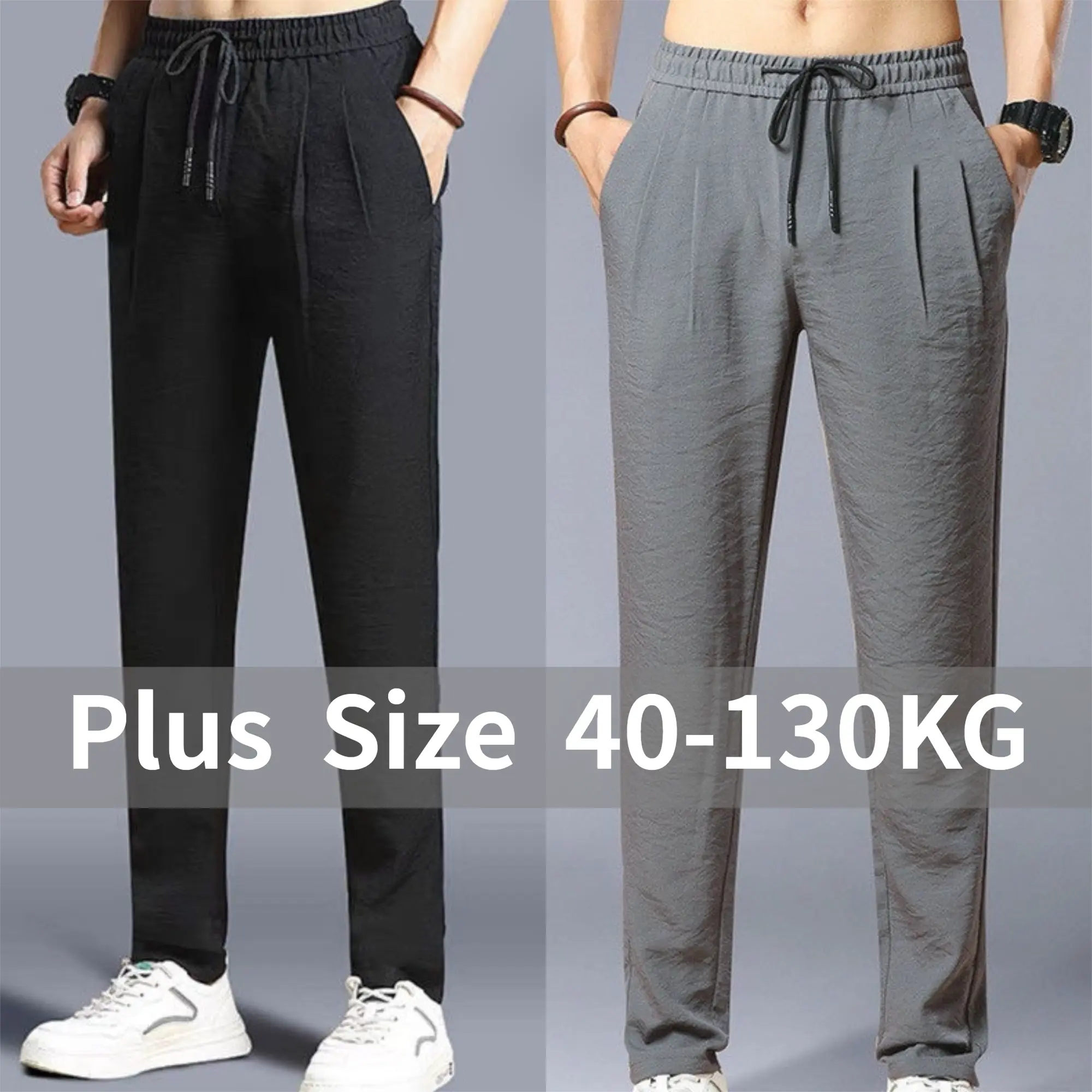M-8xl plus size quick-drying straight pants men Cotton line thin breath black trovers