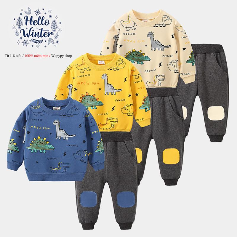 Bộ nỉ bé trai WELLKIDS dài tay cho bé họa tiết khủng long mẫu mới 2025 Cotton