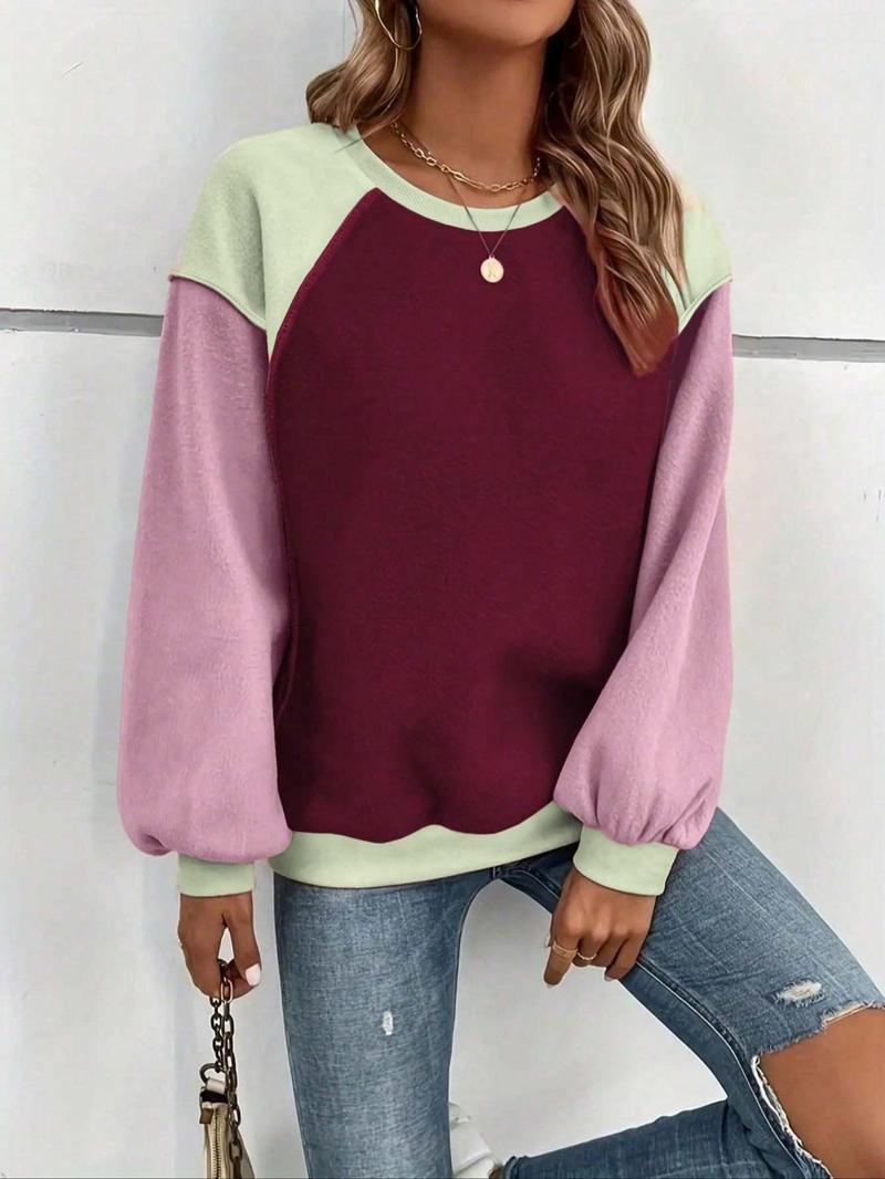 Product Introduction of Women's Colorblock Crew Neck Pullover Sweatshirt, Casual Long Sleeve Top for Fall & Winter, Women's Clothes for Daily Wear 5