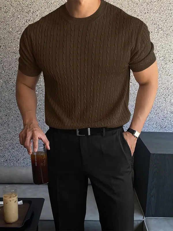 Men's Slim Textured Round Neck Crewneck Cable Knit Top, Casual Short Sleeve Knitwear for Summer, Menswear for Daily Wear 5