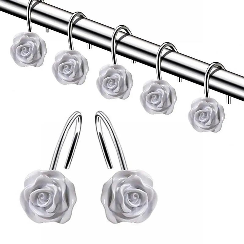 12Pcs Smooth Glide Rose Flower Design Shower Curtain Hook Free Sliding Decorative Hooks Shower Curtain Rings Rustproof Anti-Drop Shower Rod Ring Bathroom 0