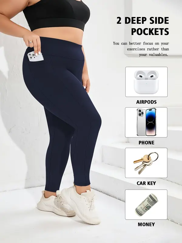 【Plus Size】 Solid High Waist Pocket Leggings, Casual Comfy Breathable Skinny Pants for Daily Wear, Women's Bottoms for All Seasons 8