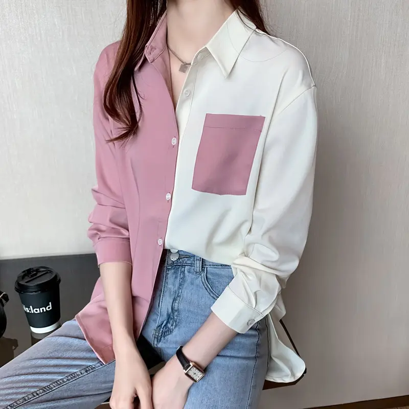 Áo Sơ Mi Dài Tay, Dáng Rộng Vừa Vặn, Thiết Kế Khối Màu, Có Túi, Làm Bằng Voan, Ngoại Cỡ, Dễ Phối Đồ Hàng Mới Về