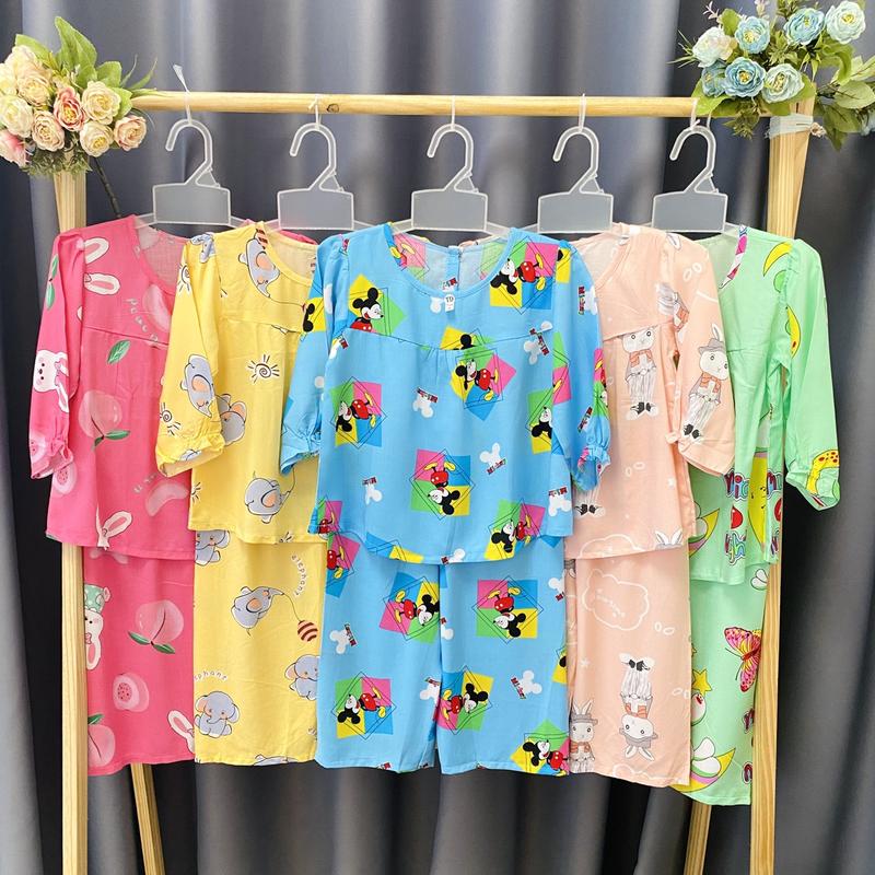 [5-65 Kg]- Bộ quần áo Tole lanh tay dài bé gái - Mẫu Tay dài cài nút sau - Nhiều size 1-14 cho bé 5-38kg - Đồ Ngủ Bé Gái