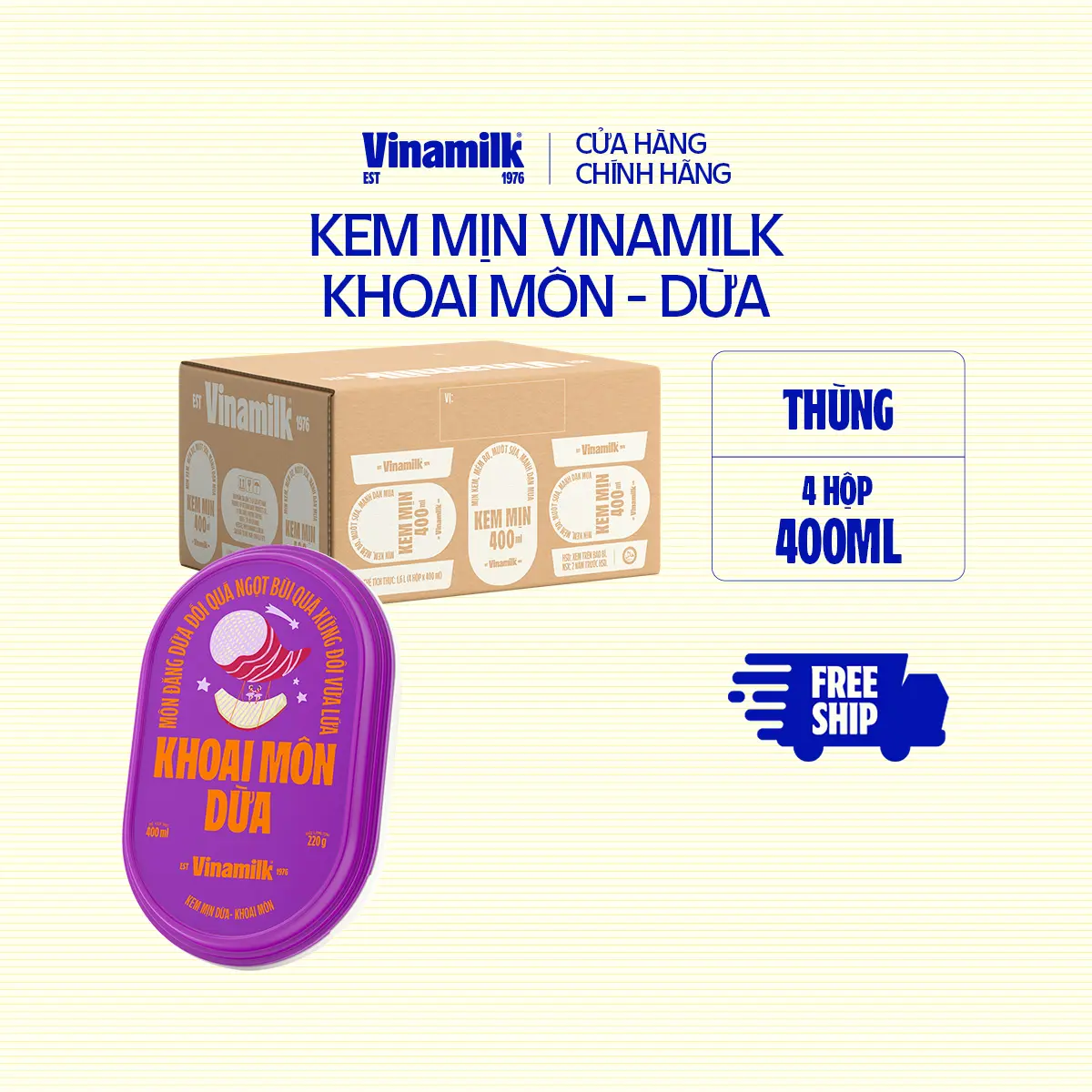 [CHỈ GIAO THÀNH PHỐ LỚN BÁN KÍNH 10KM] Thùng 4 hộp Kem mịn Dừa Khoai Môn hộp 400ml