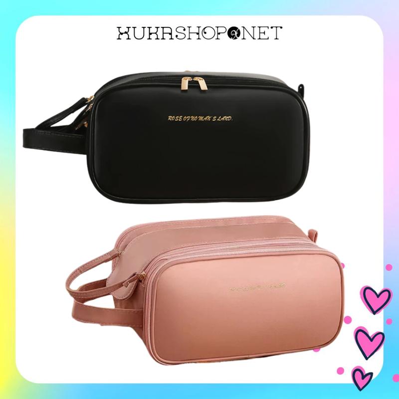 Túi đựng đồ da Rose Noman đen và hồng nhỏ gọn tiện lợi, đựng đồ makeup đa năng 28*16*14.5cm