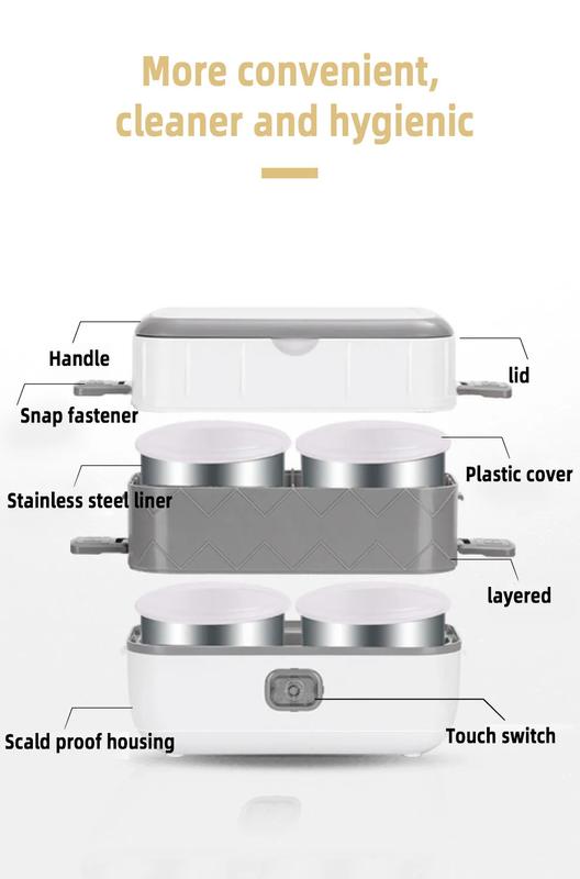 Product Introduction of Portable Electric Lunch Box Heating Single Double Layers Stainless Steel Cooking Lunch Boxes Food Storage Warmer Container Mini Rice Cooker Steamer Tableware 26