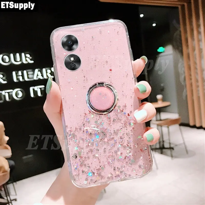 Case Oppo A17 A17K Clear Bening Motif Gliter Bling Bling Ring Standing Silikon Cover Casing Handphone 4