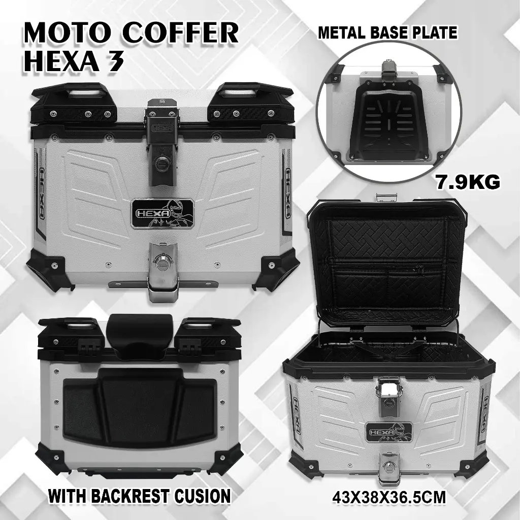 Moto Coffer HEXA 3 Alloy Top Box 45L Liters 6.8kg Compartment Moto Box Helmet  Luggage Trunk Storage hybrid top box 45 liters Motorcycle Top Box with Base  Plate - TikTok Shop Philippines