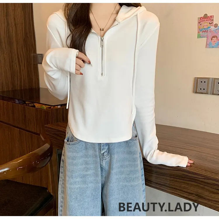YF001 hoodie wanita |  Zip Front Hoodie |   lengan panjang |  pakaian wanita  |   Fit |   Basic |  Putih |  Hitam | Sweater |  Fleece |  Crewneck Nyaman Simple Baju Oversize Atasan Lembut Sweatshirt 1