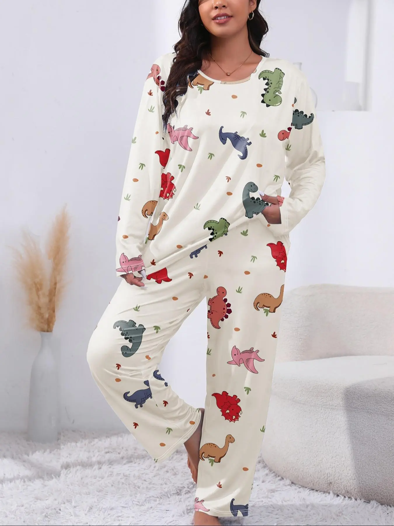 【Plus Size】 Two-Piece Set Cartoon Dinosaur Print Long Sleeve Pajama, Casual Comfy Round Neck Top & Pants PJ Set, Women's Sleepwear for Spring & Fall, Women's Pajamas Set
