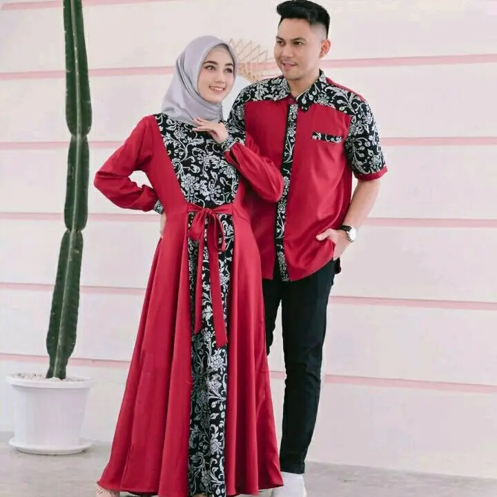 baju batik couple pasangan suami istri gamis syar'iah modern terhits elegan kemeja lengan pendek motif prada Katun kombinasi  kondangan  pesta  seragam Muslim Wanita 3