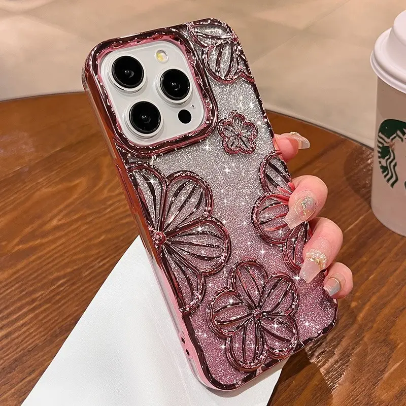 High quality electroplated three-dimensional flower phone case for iPhone 16 11 12 13 14  15 Pro Max  16 plus Anti drop lens protection soft casing phone protective case 1