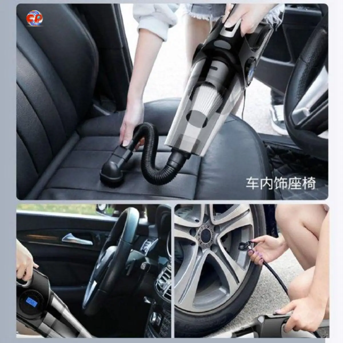 Máy hút bụi ô tô đa năng 4 công dụng trong 1 chính hãnġ - Hút bụi, bơm hơi, đo áp suất lốp và chiếu sáng Làm Sạch