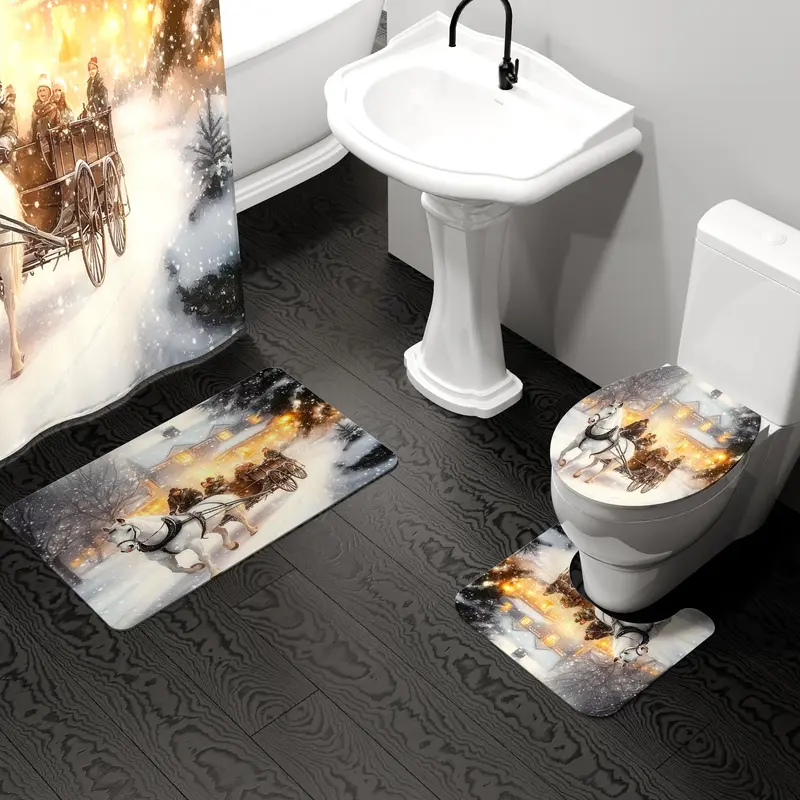 Bathroom Decorations, 4 Counts/set Including Shower Curtain & Toilet Lid Cover & Rectangular Mat & U-shaped Mat, Bathroom Accessories 3