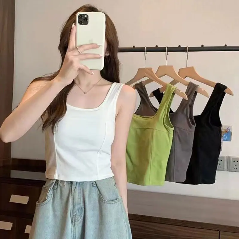 Áo Vest Cúp Cố Định, Trang Phục Thể Thao Ngoài Trời Mùa Hè, Phong Cách Thường Ngày Dây Đeo Vai Rộng, Lưng Chữ U Lớn, Đồ Lót Dài, Thích Hợp Cho Phụ Nữ Trẻ Women Top