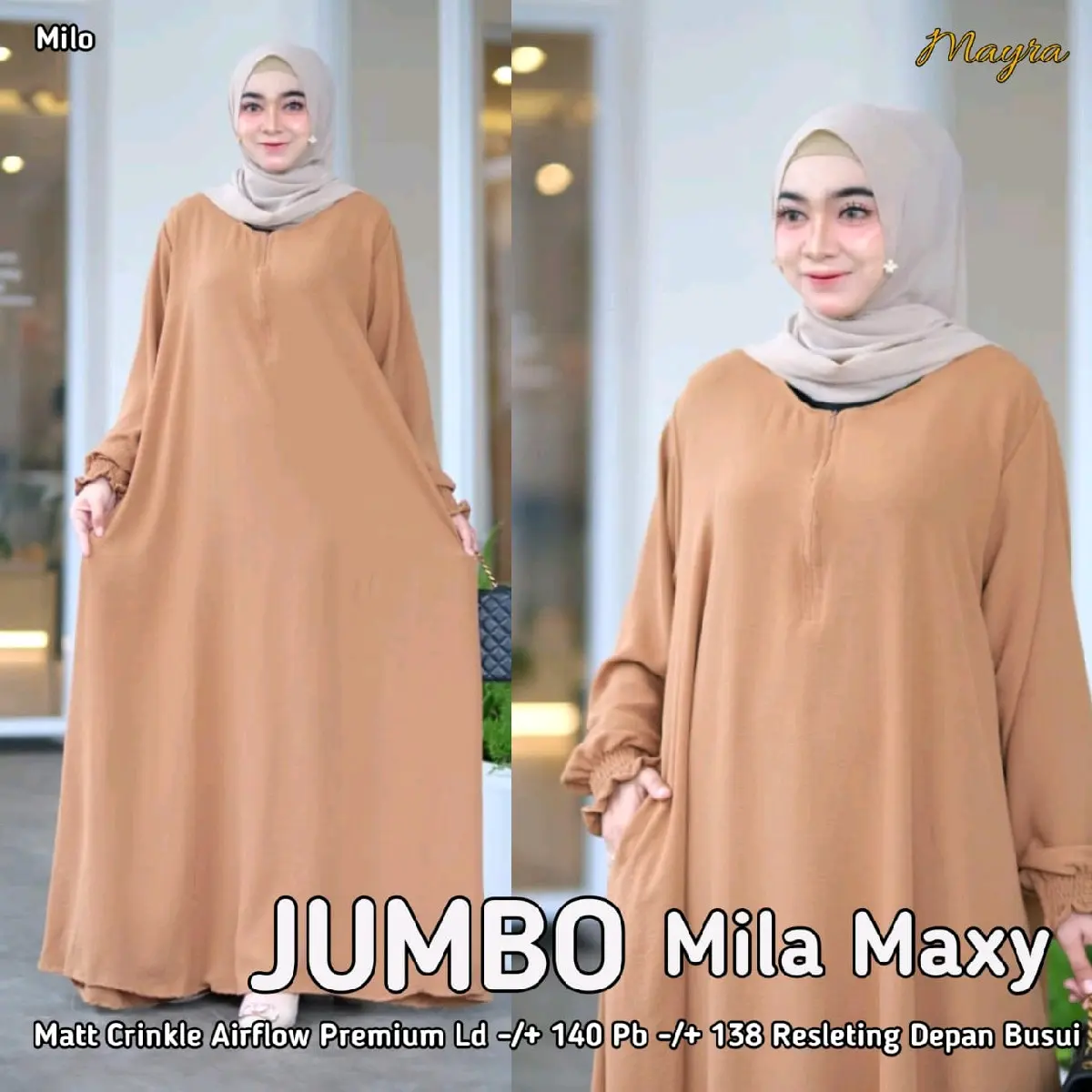 Gamis Crinkle Jumbo Mila Maxy LD 140 PB 140 Resleting Depan Busui Tangan Karet Adem Nyaman Jatuh Muat Bb 100 120