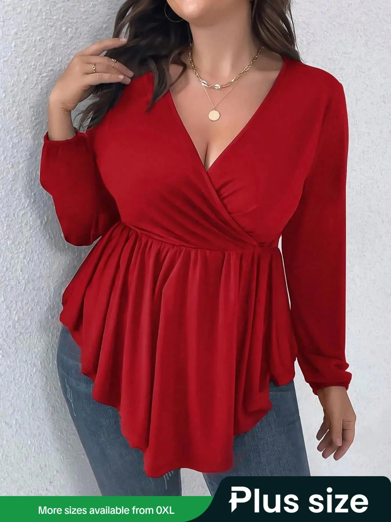 【Plus Size】 Solid Color V Neck Tee, Plus Casual Long Sleeve T-shirt for Spring & Fall, Women's Plus Clothing for Daily Wear, Top