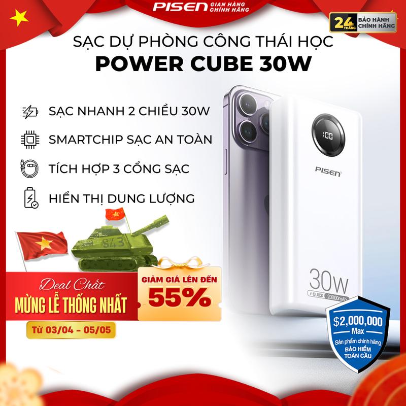[PISEN] Sạc Dự Phòng Sạc Nhanh 30W | Thiết Kế Bền Bỉ, Dung Lượng Cao, Đèn Led Hiển Thị Dung Lượng, Tương Thích Android/IOS | PISEN QUICK -Power Cube 30W 20000mAh | TS-D337 | Bảo Hành 18 Tháng (Kích Hoạt PCARE + 6 Tháng) | Bảo Hiểm 2 Triệu Đô Toàn Cầu