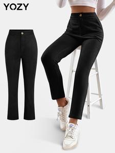 YOZY Women's Plain High Waist Pocket Zipper Pants, Casual Comfy Button Trousers for Daily Wear, Ladies Bottoms for All Seasons