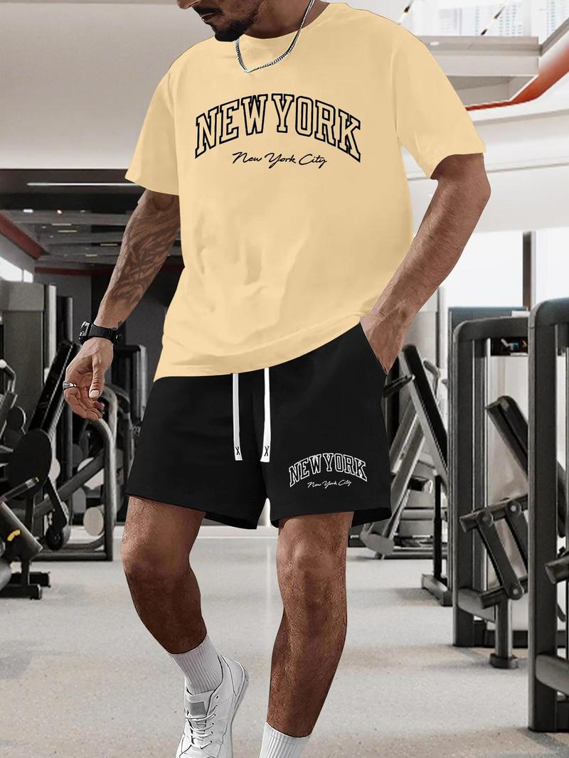Product Introduction of Men's New York Print Short Sleeve Tee & Shorts Set, Regular Fit Casual Round Neck T-shirt & Track Shorts, Summer Clothes Set for Men 8