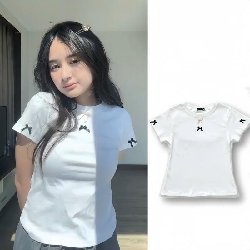 Áo thun gân cotton co giản nơ trước ngực và 2 bên tay, from 45kg - 60kg. Giá sỉ - giá bán buôn 2
