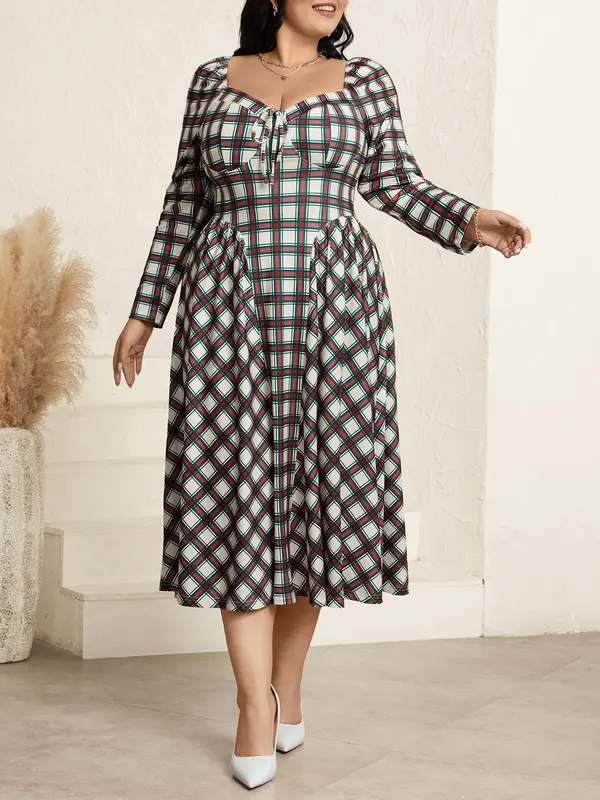 CURVZY Plus Size Plaid Print Tie Front Backless A Line Dress, Elegant Sweetheart Neck Long Sleeve Dress for Party Holiday Wedding Guest, Women's Clothes for Spring & Fall 3