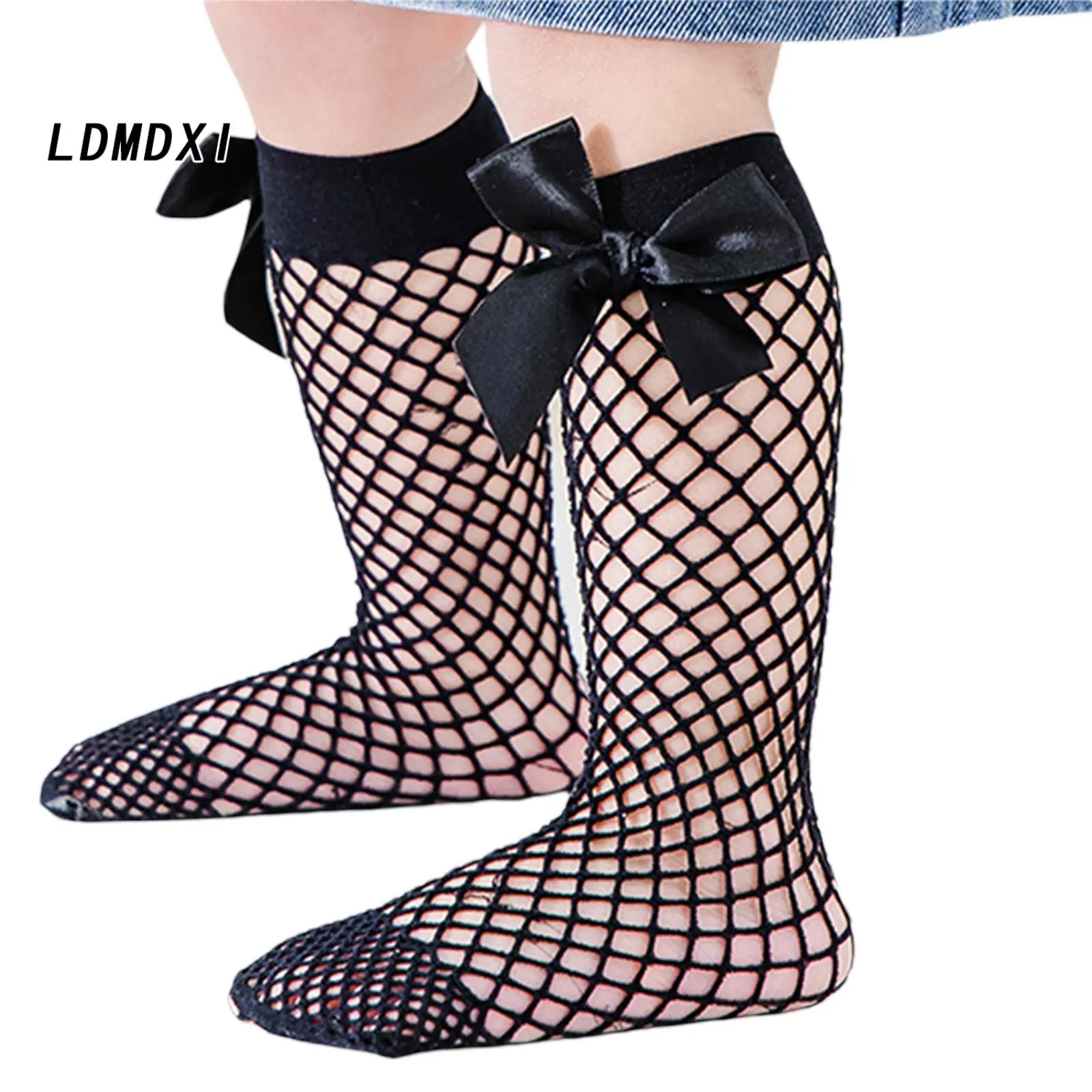 Kids Girl’s Knee-high Fishnet Socks Hollowed Bowknot Elastic Socks