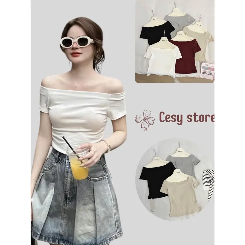 Áo thun nữ trễ vai Cesy, áo trễ vai cộc tay body chất liệu cotton 394 0