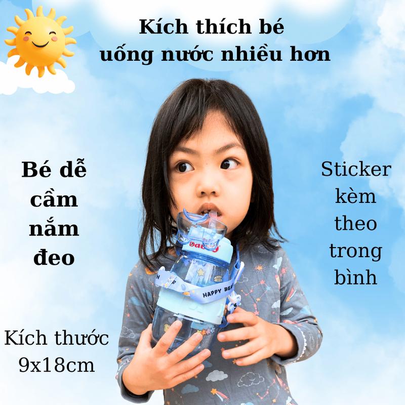 Bình Nước Cho Bé Babi1 Bình Uống Nước 600ml Cho Bé Đi Học Có Quai Đeo Tặng Kèm Sticker Dễ Thương 2