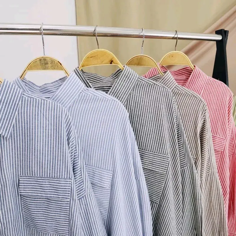 Kemeja Pocket Oversize Salur Katun