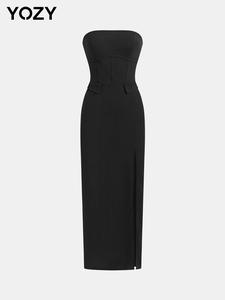 YOZY Women's Solid Split Thigh Tube Dress, Fashionable Strapless Long Dress for Party Club Dating Wear, Women Dress for Summer