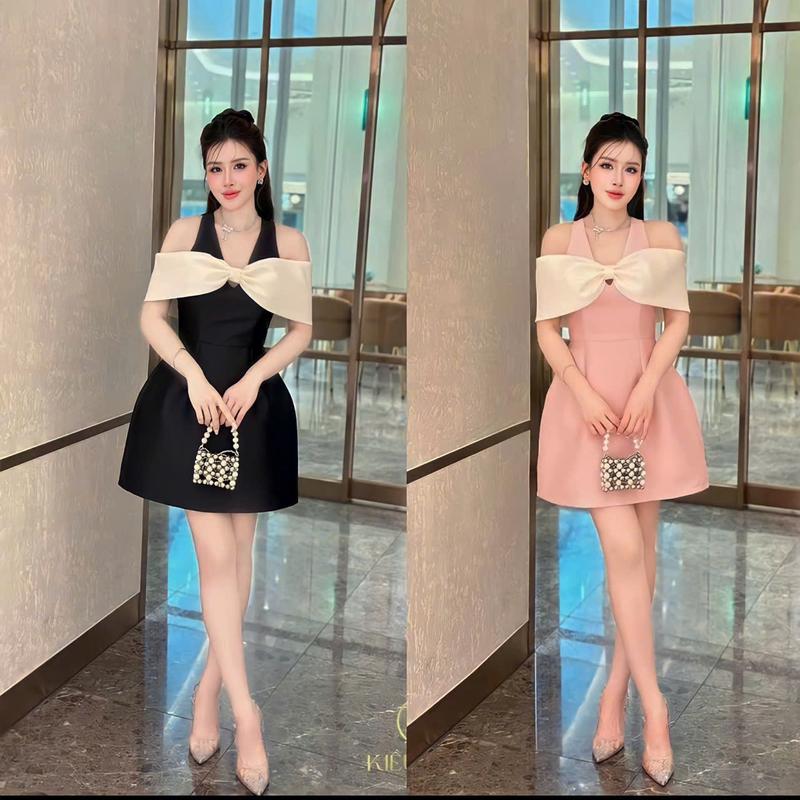 Đầm tiệc cổ V phối nơ trễ vai bigsize 55kg - 90kg cho nữ - Women Dress Đen