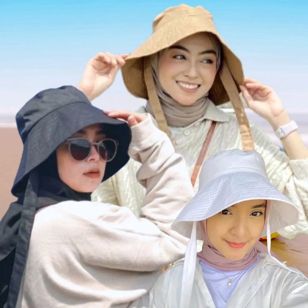 Wide Bucket Hat Selebgram Akses Tali / Topi Bucket Pantai Unisex Polos Musim panas