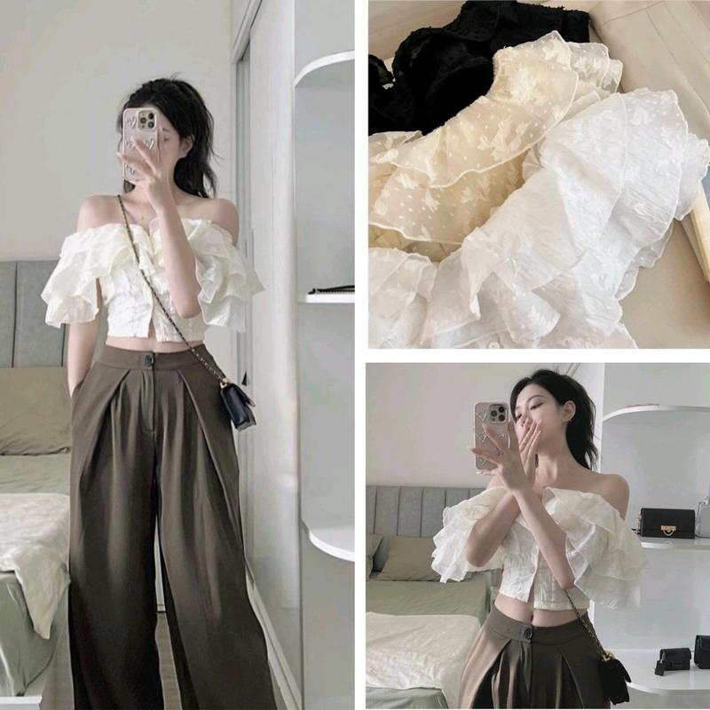 Áo croptop trễ vai tay phồng ren hoa nổi (úp sò)có sẵn đệm mút sơ minu