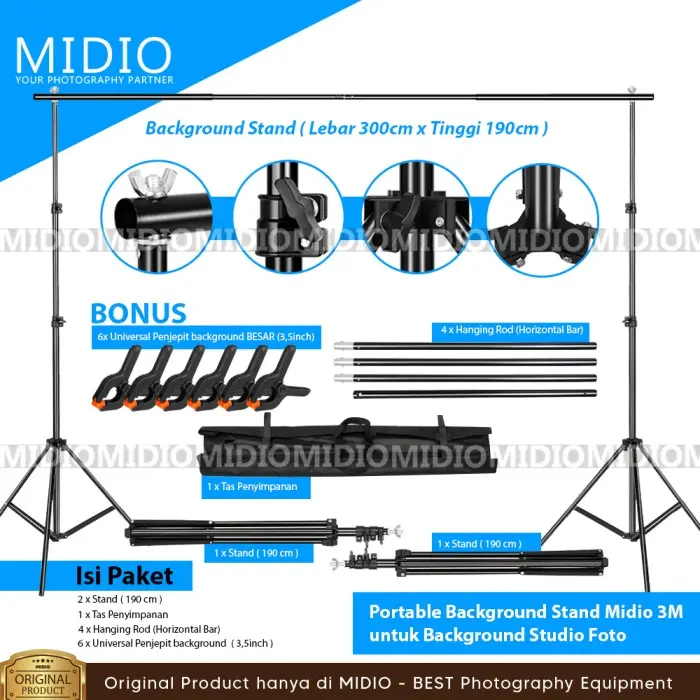 Background Stand Portable Midio 3M + Tas & 6 Penjepit 3.5 inch untuk Studio Foto & Backdrop 0