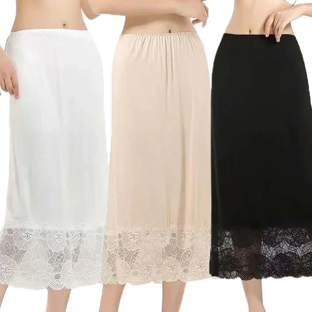 Comfortable Mesh Flower Women's Lace Long Underskirt Solid color Loose Half Slips Dress for Women Anti-Penetrating Smooth High Waist Lining Petticoat Female