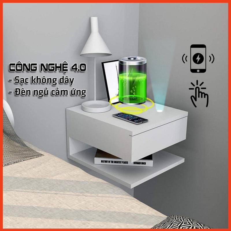 Tủ đầu giường thông minh treo tường kệ tab đầu giường kèm đèn ngủ mini táp decor gỗ kê phòng ngủ