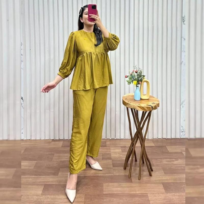 One set donita / baju setelan celana panjang / baju setelan modern / one set kekinian adem Atasan Biru Hijau Kancing Katun Linen 4