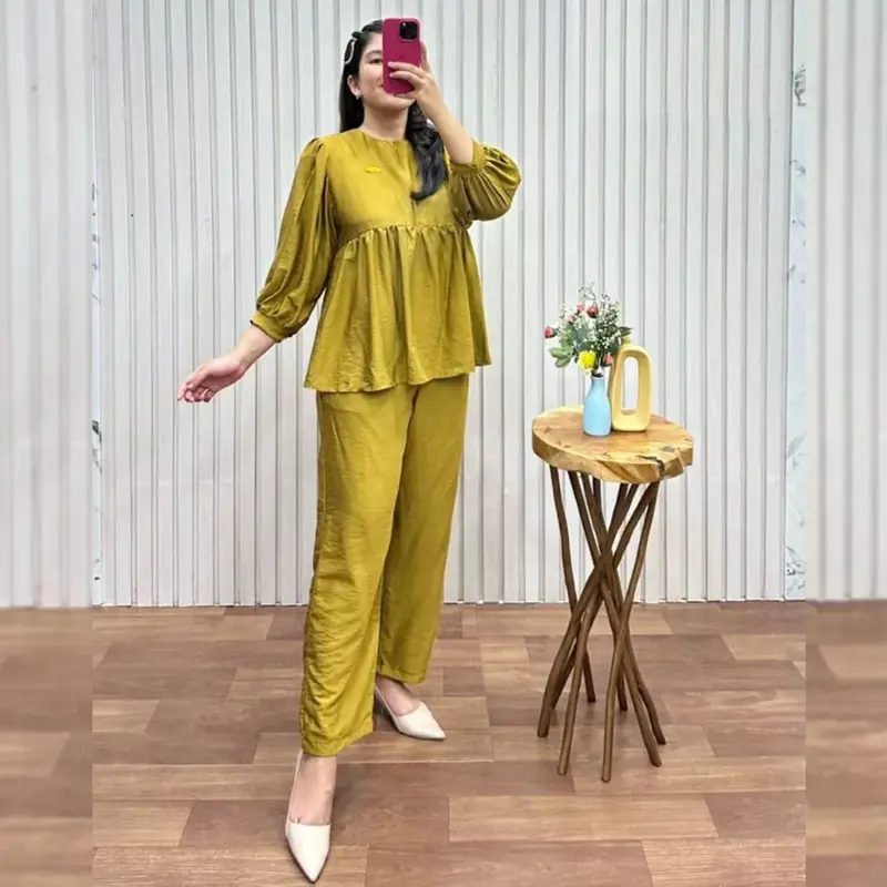One set donita / baju setelan celana panjang / baju setelan modern / one set kekinian adem Atasan Biru Hijau Kancing Katun Linen 4