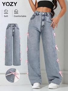 YOZY Women's Plain Bow Decor Button Zipper Fly Denim-Effect Print Pants, Casual Comfy Pocket Straight Leg Denim-Effect Print Trousers for Daily Wear, Ladies Bottoms for All Seasons