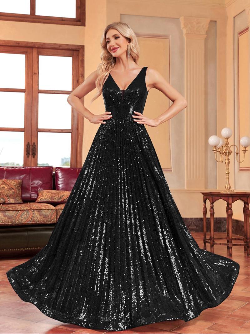 Product Introduction of Women's Contrast Sequin Backless Pleated Evening Dress, Elegant Deep V Neck Sleeveless Maxi Dress for Party Banquet, Ladies' Clothes for Summer 3