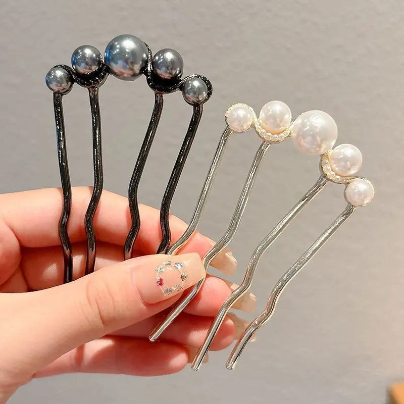 New Pearl Hairpin, Four Teeth Temperament Hairpin, Updo Hair Clasp flat  claw  clips french  hair  pins
