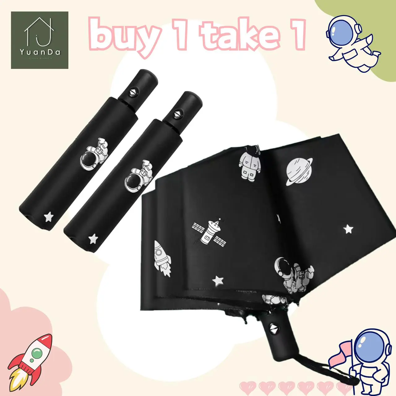 Buy 1 take 1 Fully Automatic Umbrella Rain and Shine Sunscreen Folding Anti UV Umbrella Astronaut 8 Rids Umbrella 4 Colors Buy one get one free