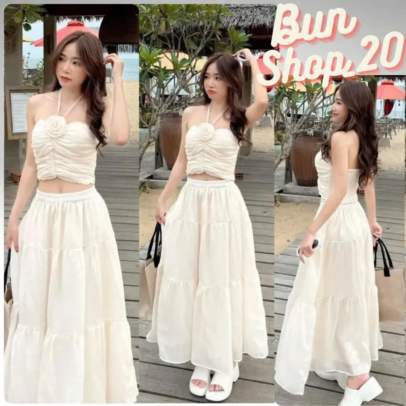 Váy Maxi Váy Đi Biển Set Váy Nữ Đi Biển Áo Cúp Ngực Đính Hoa Kèm Chân Váy Dáng Dài Chát Voan Tơ QC Mềm Mát 0