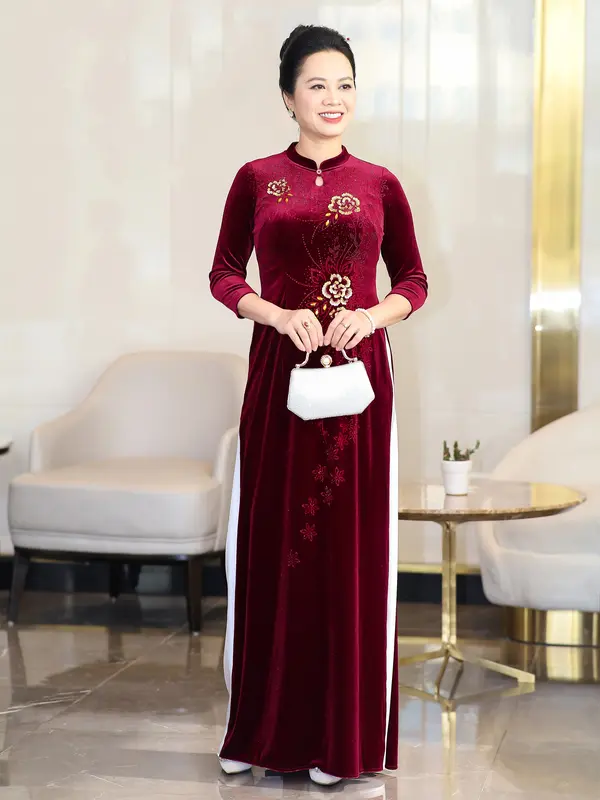 (Không kèm quần) Áo dài nhung trung niên cổ tàuT424 T437 3