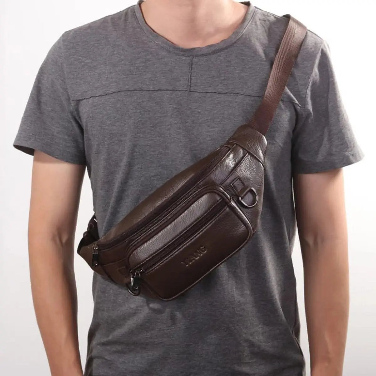 Tas Selempang Waistbag pria kulit Hitam Polos Cokelat Pinggang