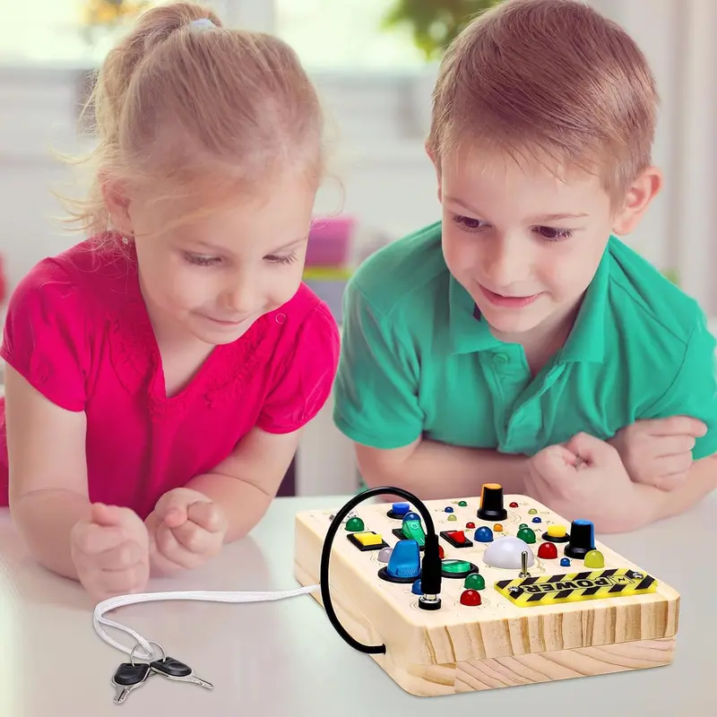 GSrenyu Busy Board for Toddlers, Sensory Board Toys Fidget Board with 23 LED Lights, Early Educational Learning Travel Toy Activity Board Wooden Toys for Boys Girls 2 3 4 Year Olds 5