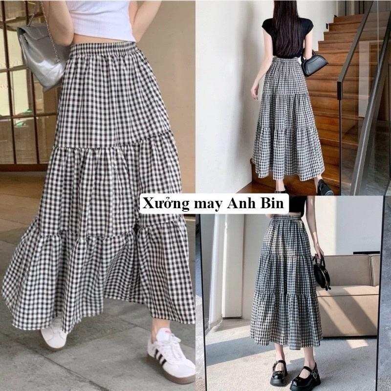 Chân váy maxi 3 tầng kẻ caro cạp chun lưng cao, dài 86-88cm chất đũi Nhật cao cấp mềm mại và thanh thoát 0