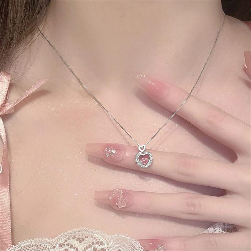 Korea Pink Crystal Pendant Heart Necklace For Women Girls Ins Niche Design Sweet Versatile 0